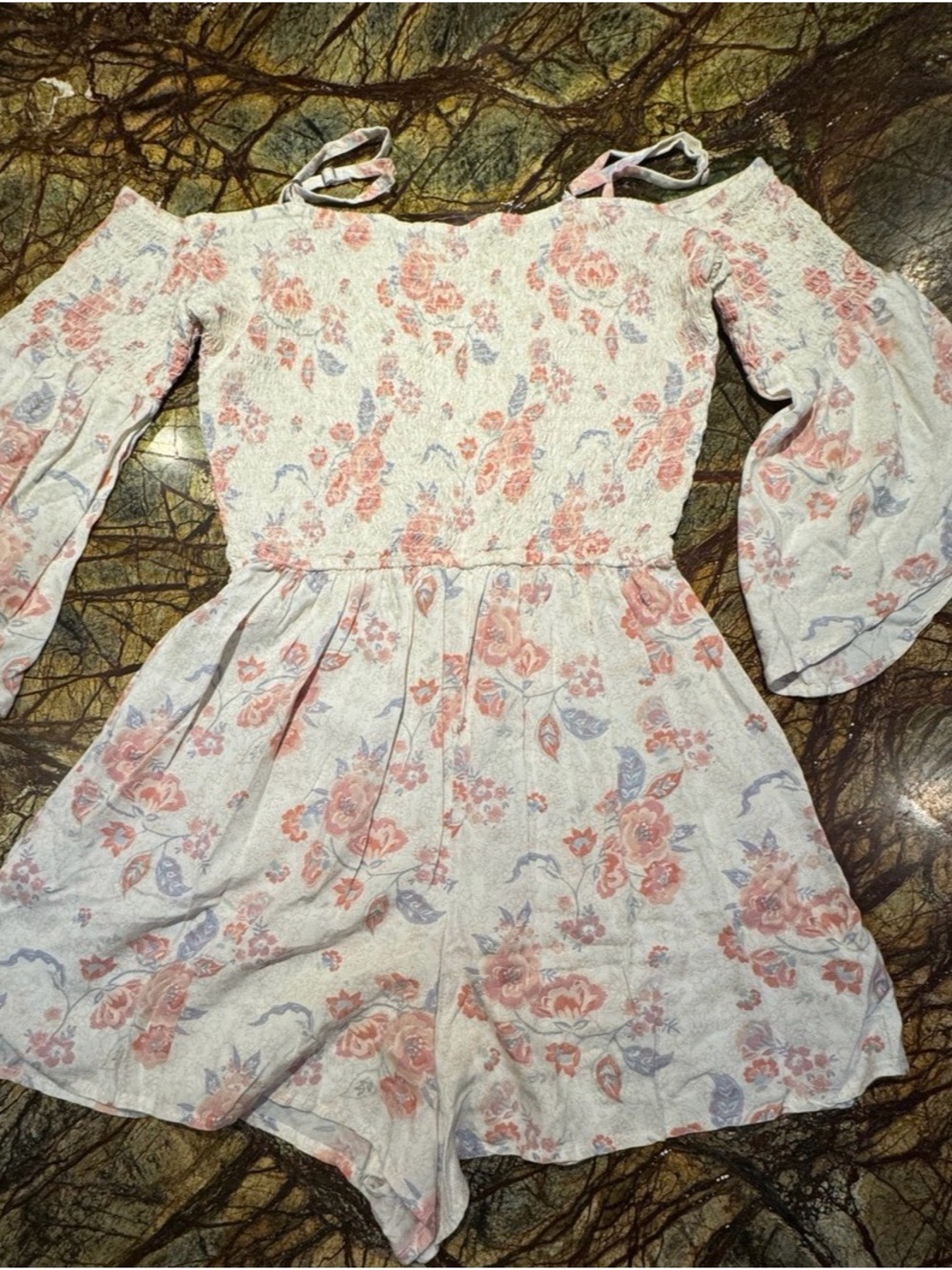 Hollister Pink and Lavender Floral Off-Shoulder Romper